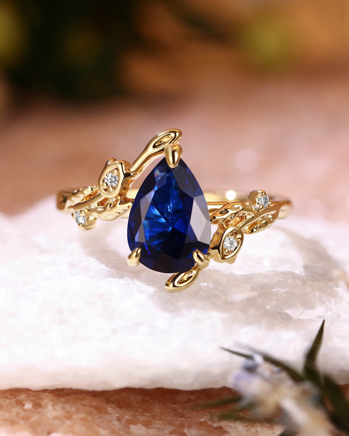 HELENE Pear Cut Sapphire Leafy Nature Inspired Engagement Ring