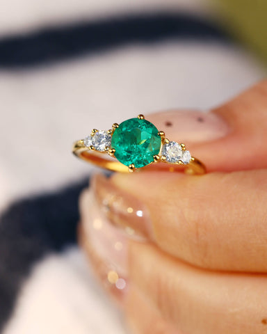 EMIRA Round Cut Lab Emerald Classic Five-stone Engagement Ring