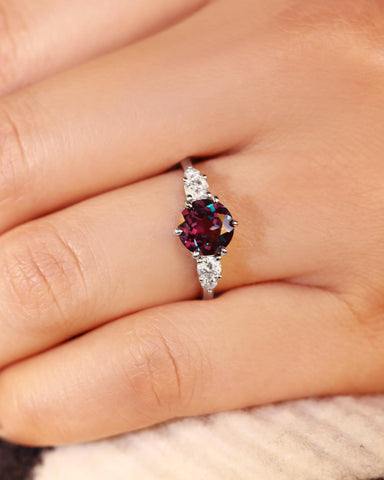 OLIVINE Round Cut Alexandrite Moissanite Two Side Stones Engagement Ring