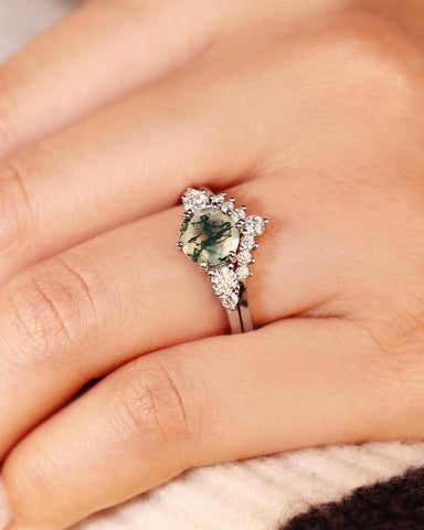 SYLVARIS Round Shaped Moss Agate Engagement Ring Set