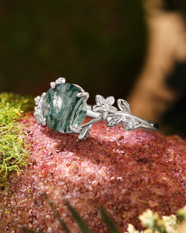 LANSIRA Moss Agate Round Shaped Floral Leaf Vine Engagement Ring