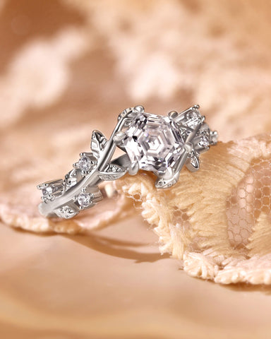 HERMINE Hexagon Cut Moissanite Bypass Leafy Engagement Ring