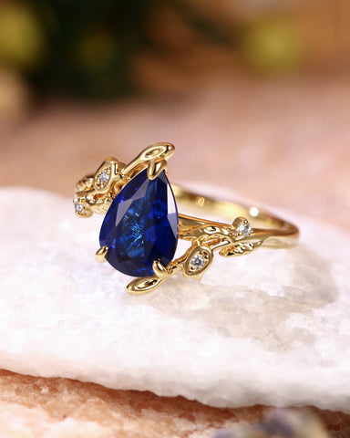 HELENE Pear Cut Sapphire Leafy Nature Inspired Engagement Ring