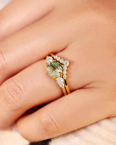 SYLVARIS Round Shaped Moss Agate Engagement Ring Set
