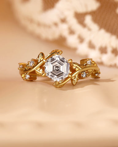 HERMINE Hexagon Cut Moissanite Bypass Leafy Engagement Ring