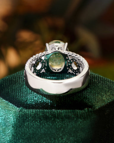 SYLVETRA Oval Shaped Moss Agate Antique Infinity Ring