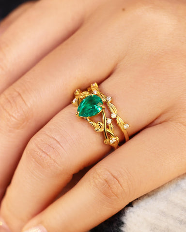 ELLA Pear Shaped Lab Emerald Engagement Ring Nature Inspired Leaf Ring Set