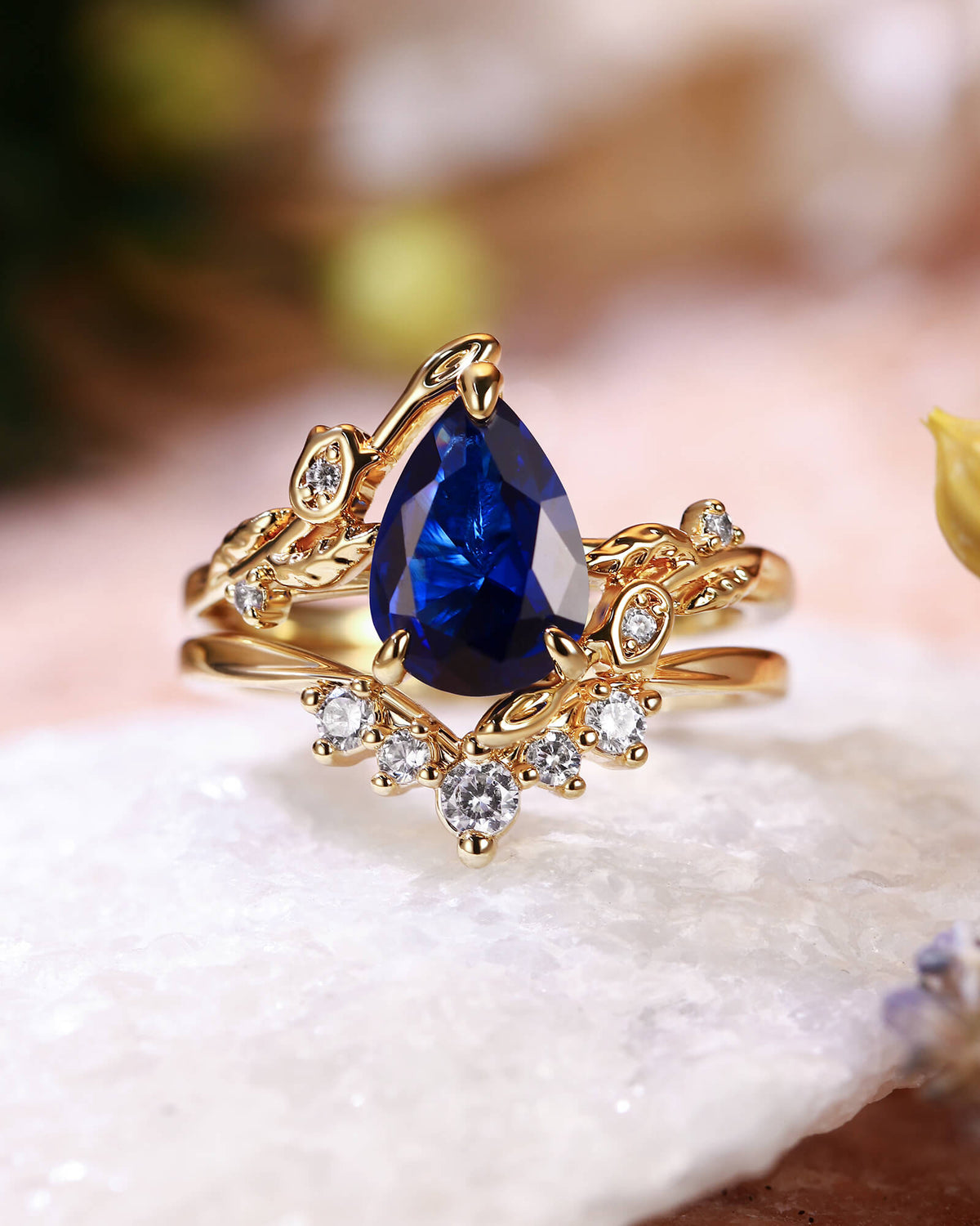 HELENE Secret Garden Pear Cut Sapphire Cluster Bridal Set 2pcs