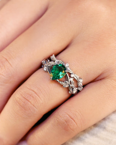 ELLA Pear Shaped Lab Emerald Engagement Ring Nature Inspired Leaf Ring Set