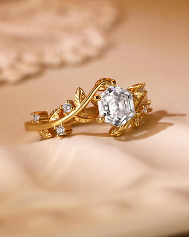 HERMINE Hexagon Cut Moissanite Bypass Leafy Engagement Ring
