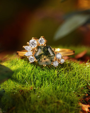 ELARIA Moissanite Cluster Hexagon Moss Agate Engagement Ring