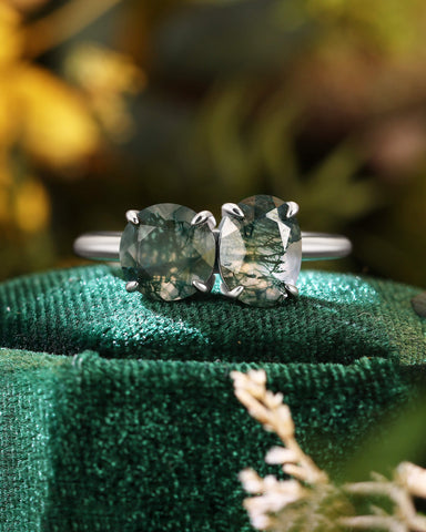 ROSVELN Nature Inspired Round & Oval Cut Moss Agate Toi Et Moi Alternative Engagement Ring