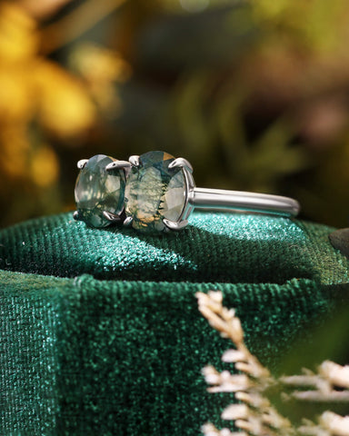 ROSVELN Nature Inspired Round & Oval Cut Moss Agate Toi Et Moi Alternative Engagement Ring