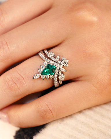 TATIANA Kite Shaped Emerald Bridal Ring Set Moissanite Lacey Band Wedding Set