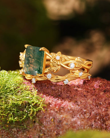 TELOS Emerald Cut Moss Agate Leafy Engagement Ring Set