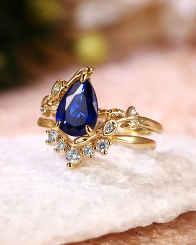 HELENE Secret Garden Pear Cut Sapphire Cluster Bridal Set 2pcs