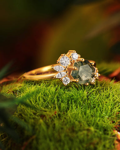 ELARIA Moissanite Cluster Hexagon Moss Agate Engagement Ring