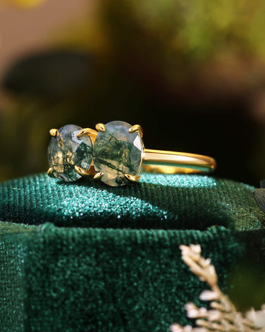 ROSVELN Nature Inspired Round & Oval Cut Moss Agate Toi Et Moi Alternative Engagement Ring