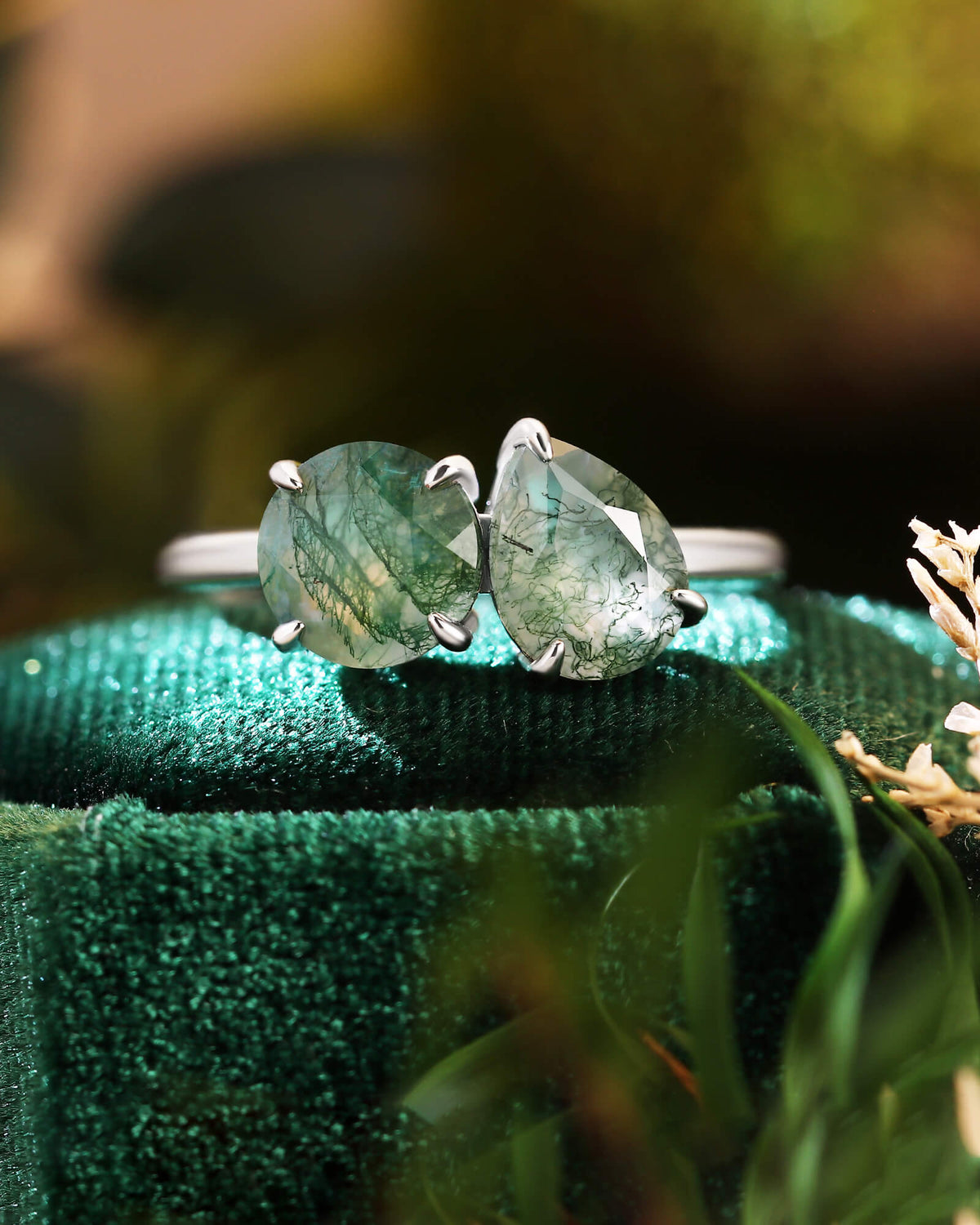ELRIAN Nature Inspired Toi Et Moi Ring Round & Pear Cut Moss Agate Two Stone Ring