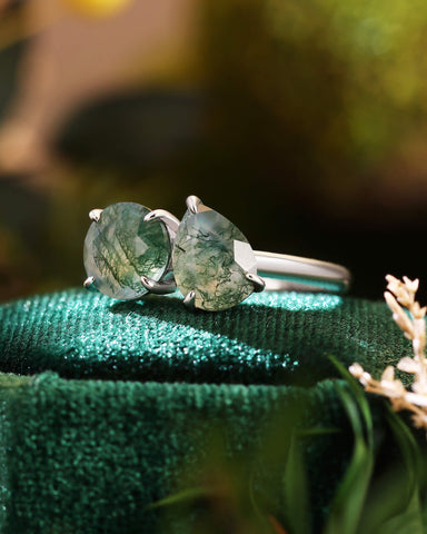 ELRIAN Nature Inspired Toi Et Moi Ring Round & Pear Cut Moss Agate Two Stone Ring