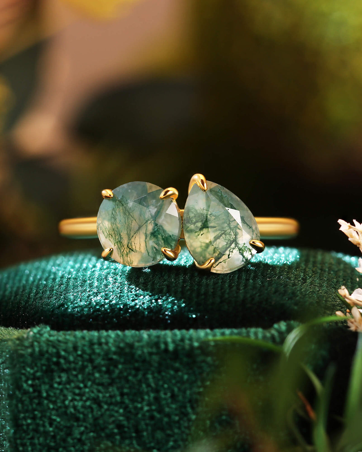 ELRIAN Nature Inspired Toi Et Moi Ring Round & Pear Cut Moss Agate Two Stone Ring