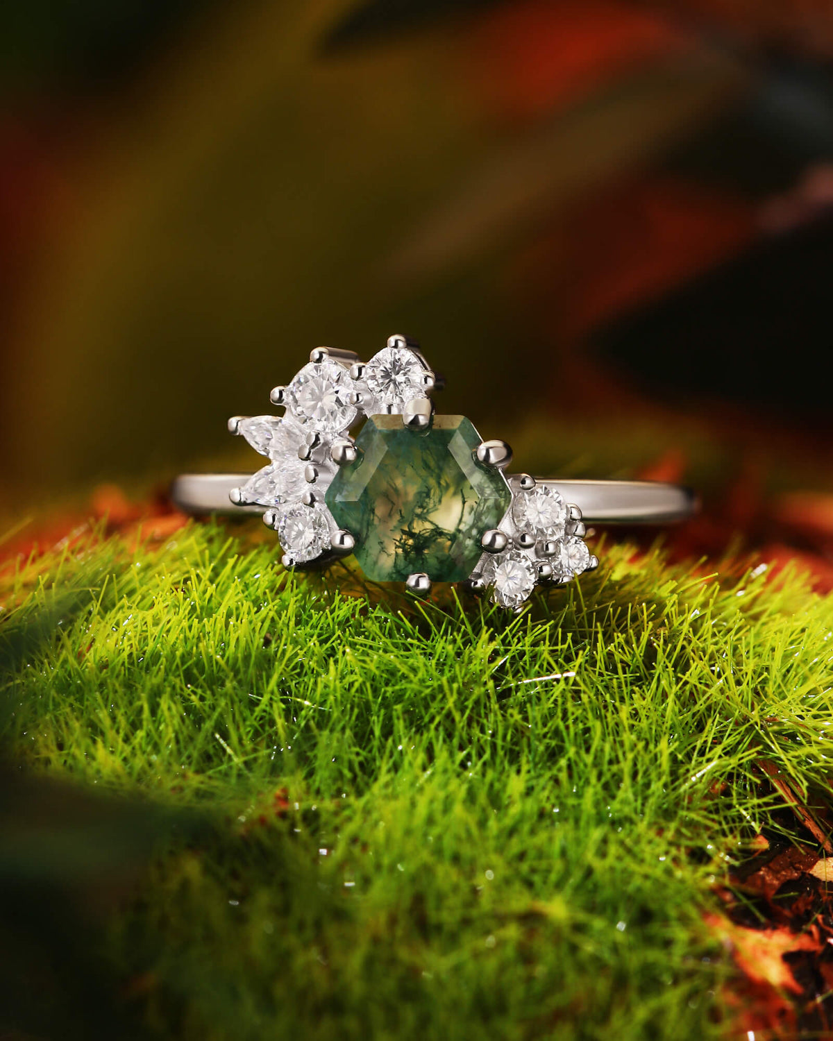 ELARIA Moissanite Cluster Hexagon Moss Agate Engagement Ring
