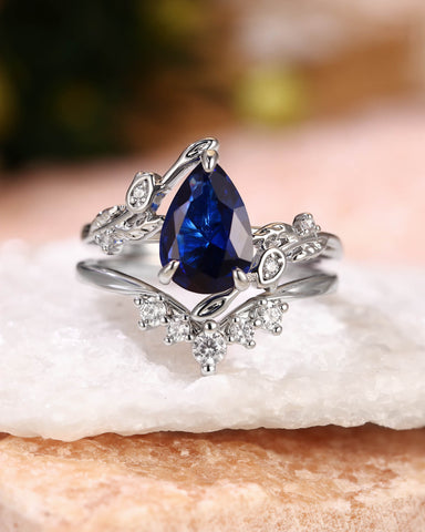 HELENE Secret Garden Pear Cut Sapphire Cluster Bridal Set 2pcs
