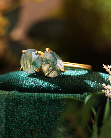 ELRIAN Nature Inspired Toi Et Moi Ring Round & Pear Cut Moss Agate Two Stone Ring