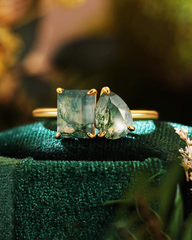 ACACIA Emerald & Pear Shaped Two Stone Ring Unique Moss Agate Toi Et Moi Engagement Ring