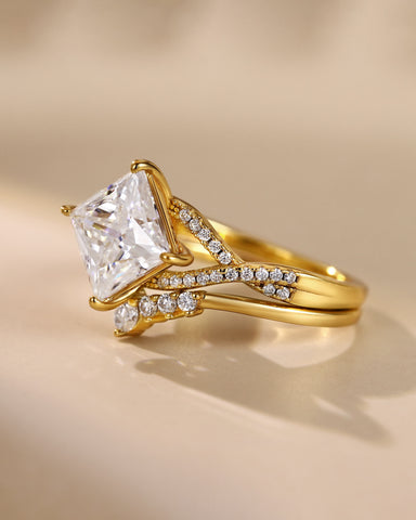 SERENITH Princess Cut Moissanite Wedding Ring Set Crossover Shank Design Bridal Ring Set