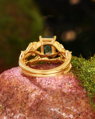 TELOS Emerald Cut Moss Agate Leafy Engagement Ring Set