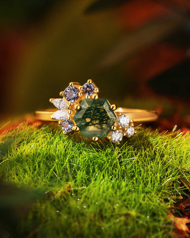 ELEANOR Hexagon Cut Moss Agate Gemstone Cluster Engagement Ring