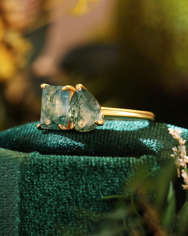 ACACIA Emerald & Pear Shaped Two Stone Ring Unique Moss Agate Toi Et Moi Engagement Ring