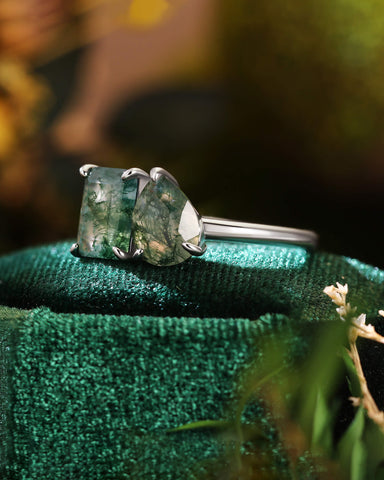 ACACIA Emerald & Pear Shaped Two Stone Ring Unique Moss Agate Toi Et Moi Engagement Ring