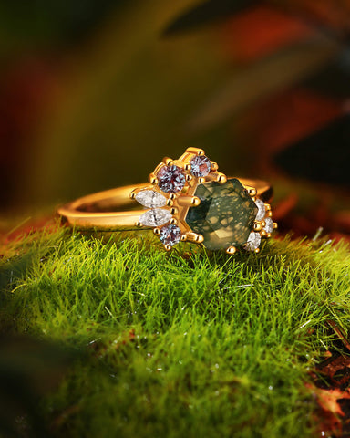 ELEANOR Hexagon Cut Moss Agate Gemstone Cluster Engagement Ring