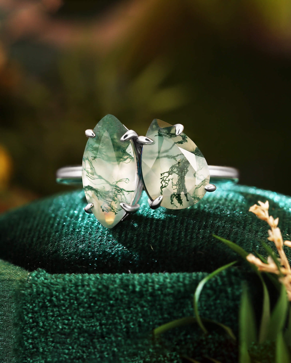SILAS Marquise & Pear Moss Agate Two Stone Engagement Ring Unique Toi Et Moi Ring