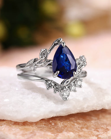 HELENE Secret Garden Pear Cut Sapphire Cluster Bridal Set 2pcs