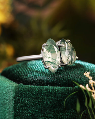 SILAS Marquise & Pear Moss Agate Two Stone Engagement Ring Unique Toi Et Moi Ring