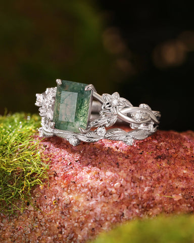 TELOS Emerald Cut Moss Agate Leafy Engagement Ring Set