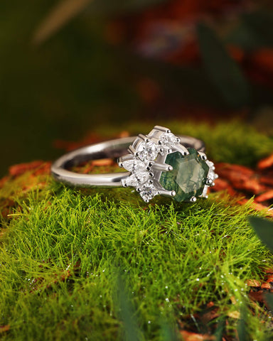 ELARIA Moissanite Cluster Hexagon Moss Agate Engagement Ring