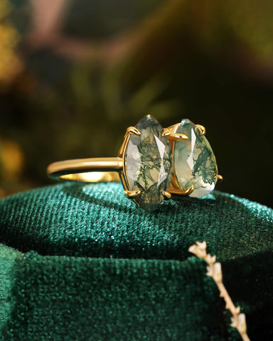 SILAS Marquise & Pear Moss Agate Two Stone Engagement Ring Unique Toi Et Moi Ring