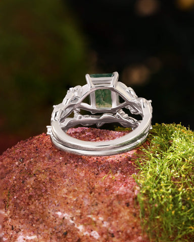 TELOS Emerald Cut Moss Agate Leafy Engagement Ring Set