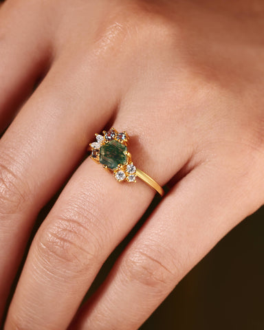 ELEANOR Hexagon Cut Moss Agate Gemstone Cluster Engagement Ring