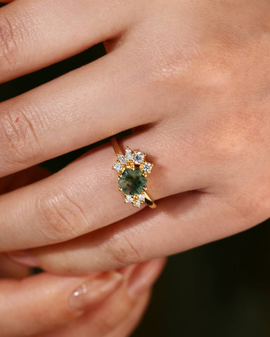 ELARIA Moissanite Cluster Hexagon Moss Agate Engagement Ring