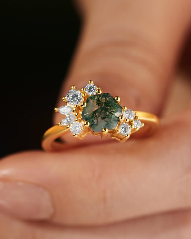 ELARIA Moissanite Cluster Hexagon Moss Agate Engagement Ring