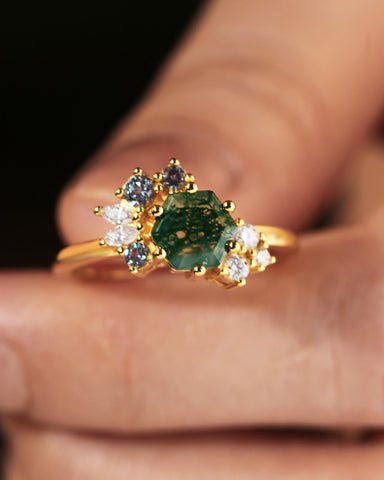 ELEANOR Hexagon Cut Moss Agate Gemstone Cluster Engagement Ring