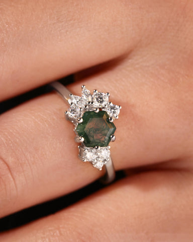 ELARIA Moissanite Cluster Hexagon Moss Agate Engagement Ring
