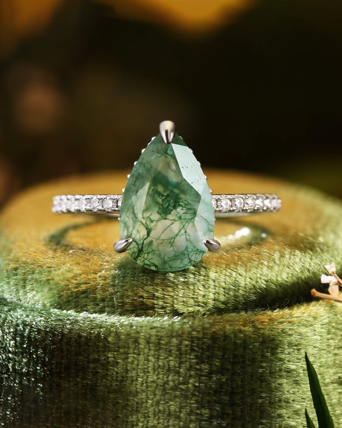 DANIELLA Pear Shaped Moss Agate Engagement Ring
