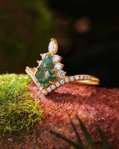 FREYA Unique Art Deco & Halo Kite Cut Moss Agate Engagement Ring