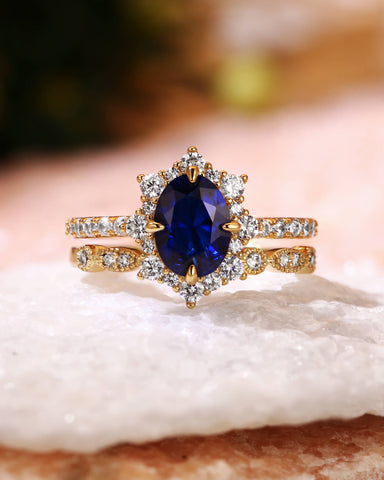 NEOMA Vintage Halo Oval Shaped Sapphire Bridal Set 2pcs